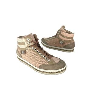 Chanel Tweed Patent High Top CC Chain Lace‎ Up Sneakers in Pink Tan Size 41